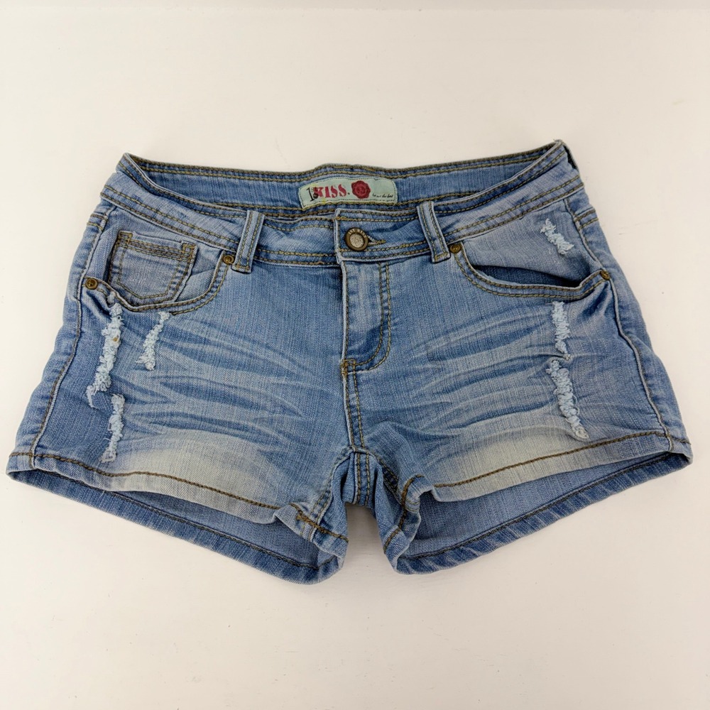 1st Kiss Womens Distressed Denim Shorts Light Wash Low Rise‎ Size 11